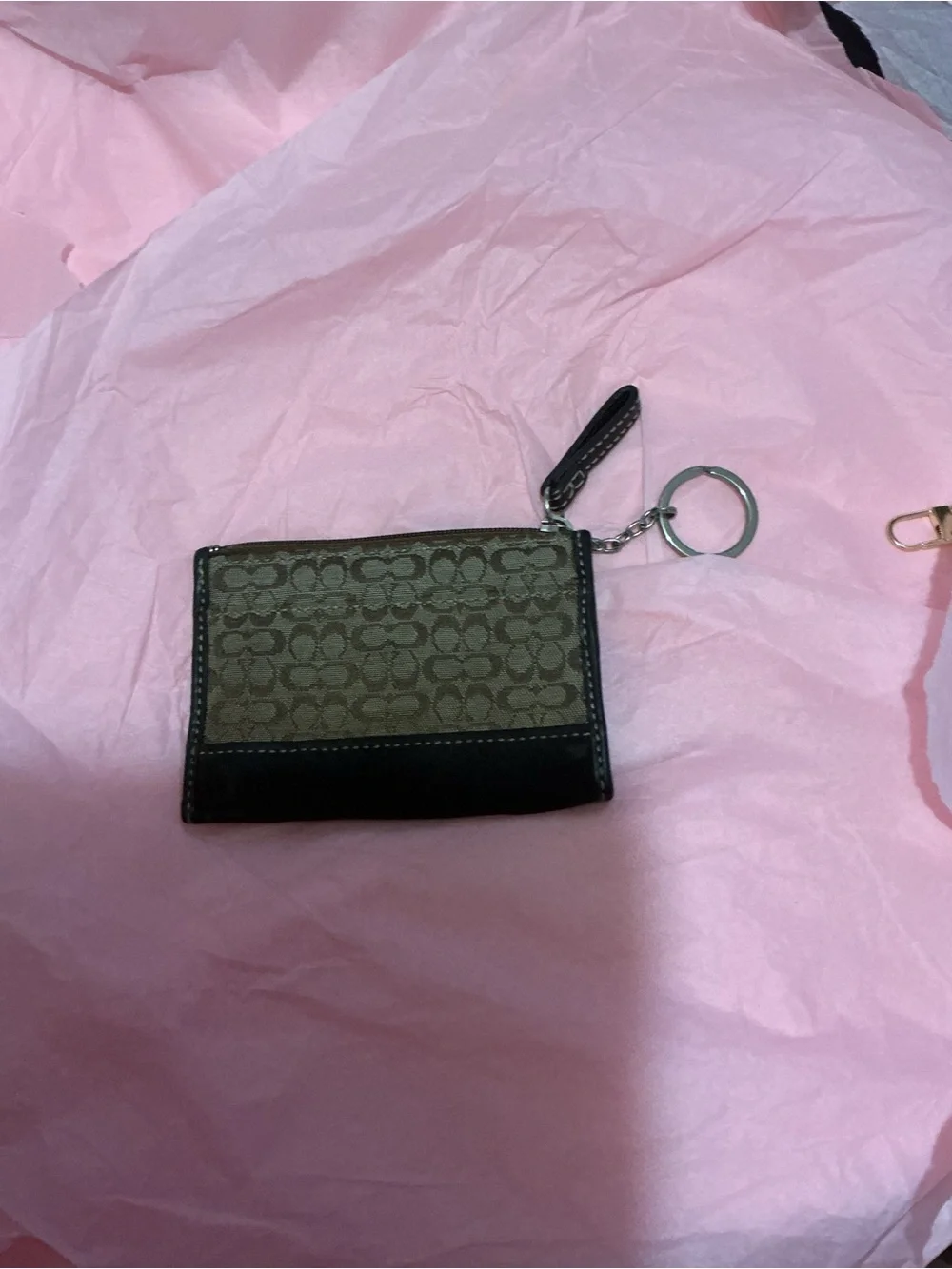 Coach Brown Signature Canvas Card Holder Keyring with Black Trim